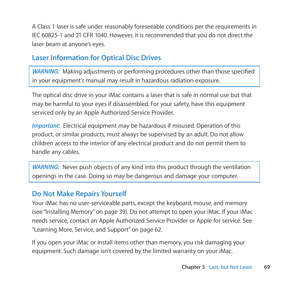 Laser information for optical disc drives, Do not make repairs yourself | Apple iMac (21.5-inch and 27-inch, Mid 2011) User Manual | Page 69 / 88