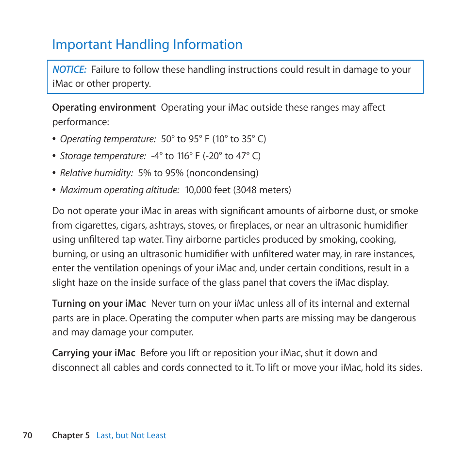 Important handling information, 70 important handling information | Apple iMac (21.5-inch and 27-inch, Mid 2011) User Manual | Page 70 / 88