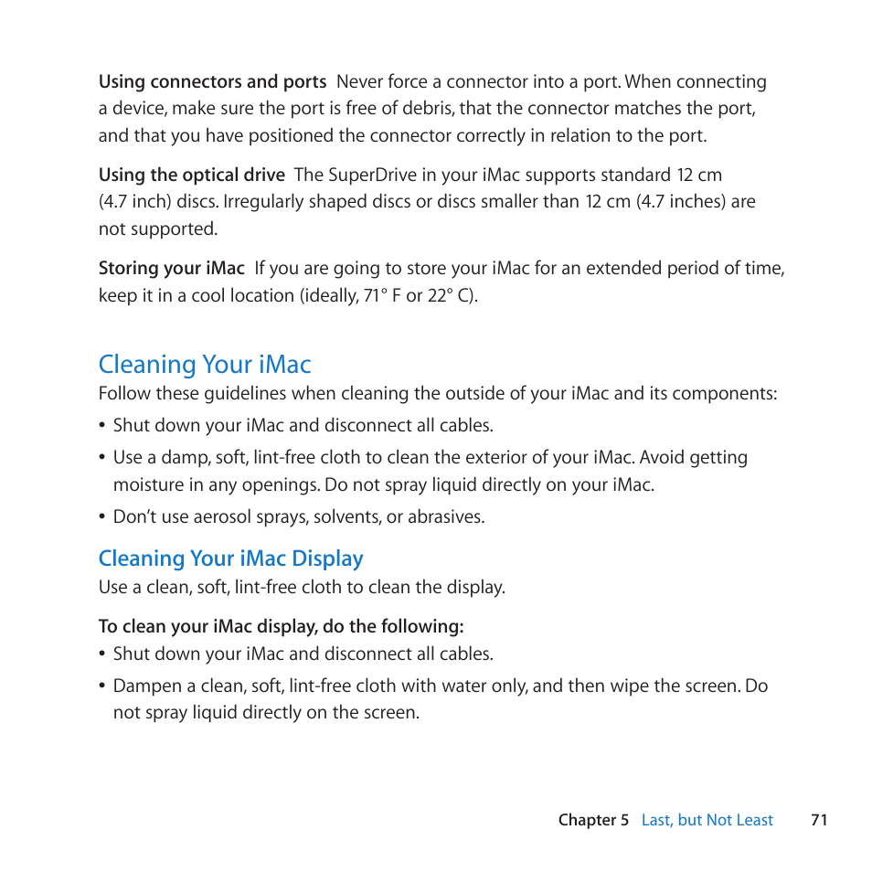 Cleaning your imac, 71 cleaning your imac | Apple iMac (21.5-inch and 27-inch, Mid 2011) User Manual | Page 71 / 88