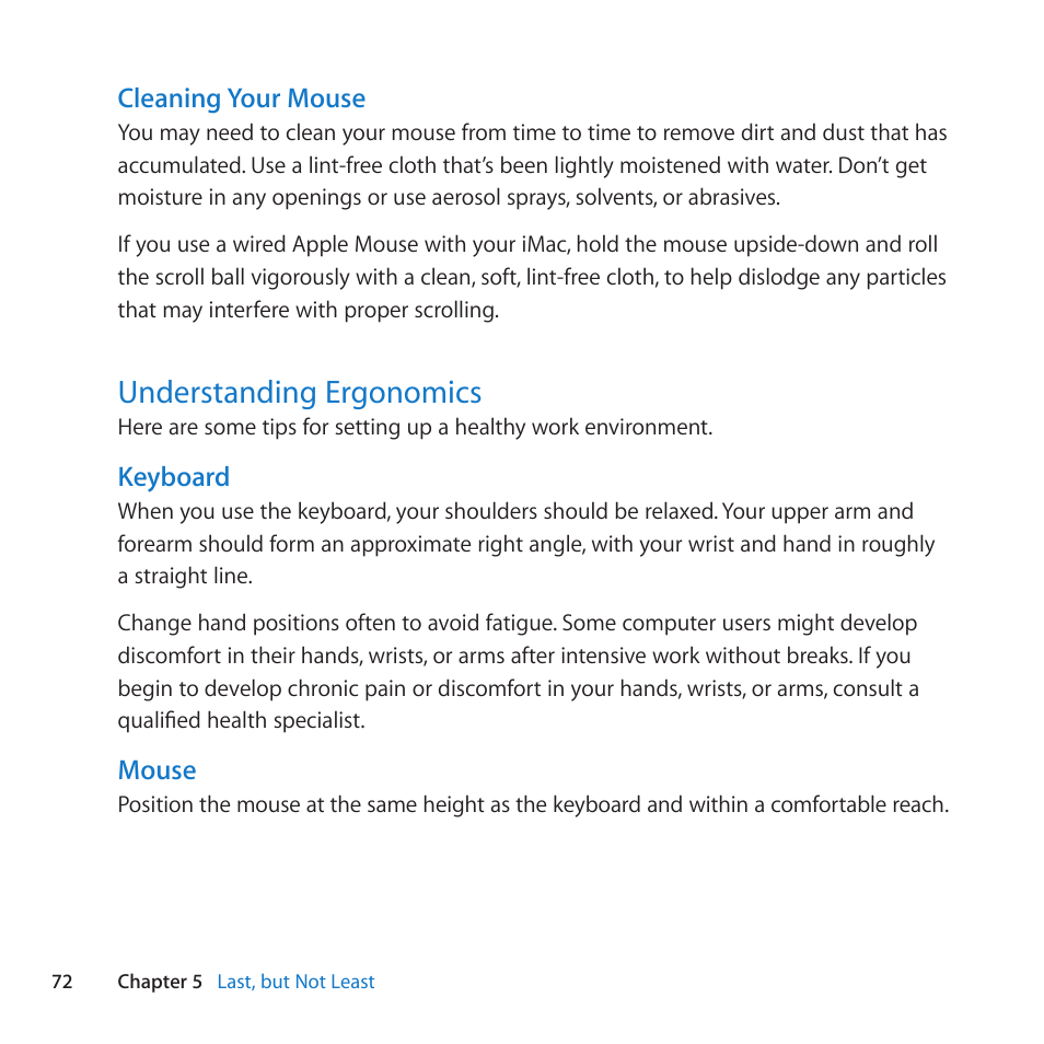 Understanding ergonomics, 72 understanding ergonomics | Apple iMac (21.5-inch and 27-inch, Mid 2011) User Manual | Page 72 / 88