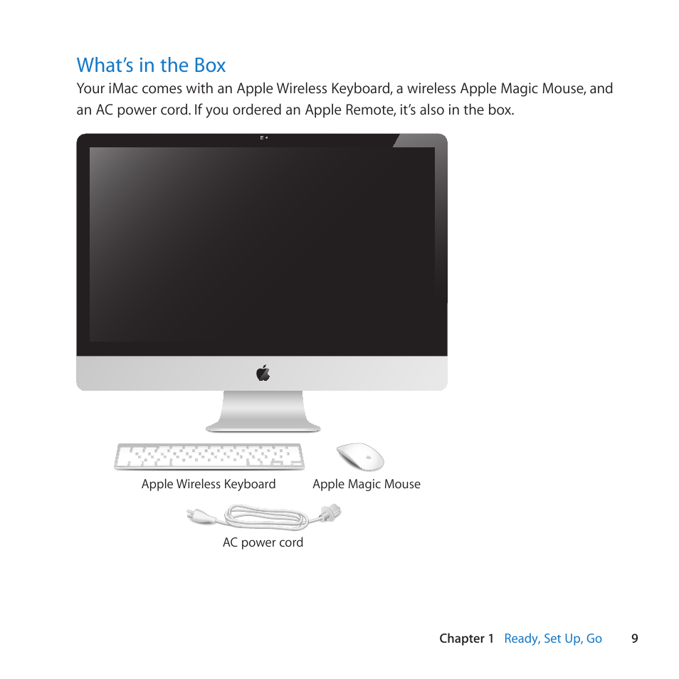 What’s in the box, 9 what’s in the box | Apple iMac (21.5-inch and 27-inch, Mid 2011) User Manual | Page 9 / 88