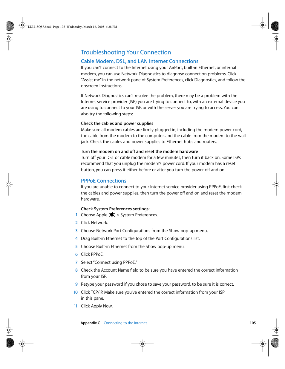 Troubleshooting your connection | Apple Power Mac G5 (Early 2005) User Manual | Page 105 / 120