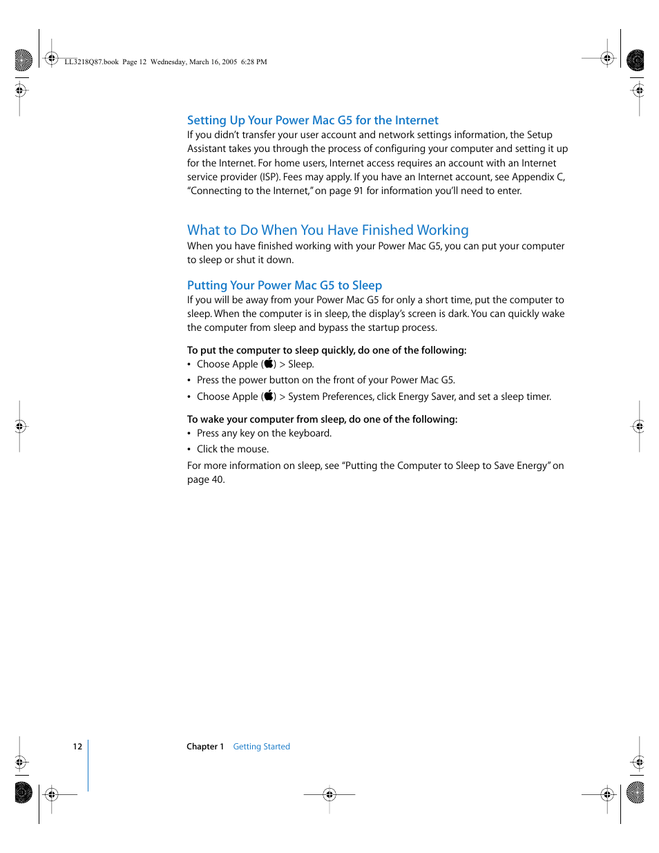 Setting up your power mac g5 for the internet, What to do when you have finished working, Putting your power mac g5 to sleep | Apple Power Mac G5 (Early 2005) User Manual | Page 12 / 120