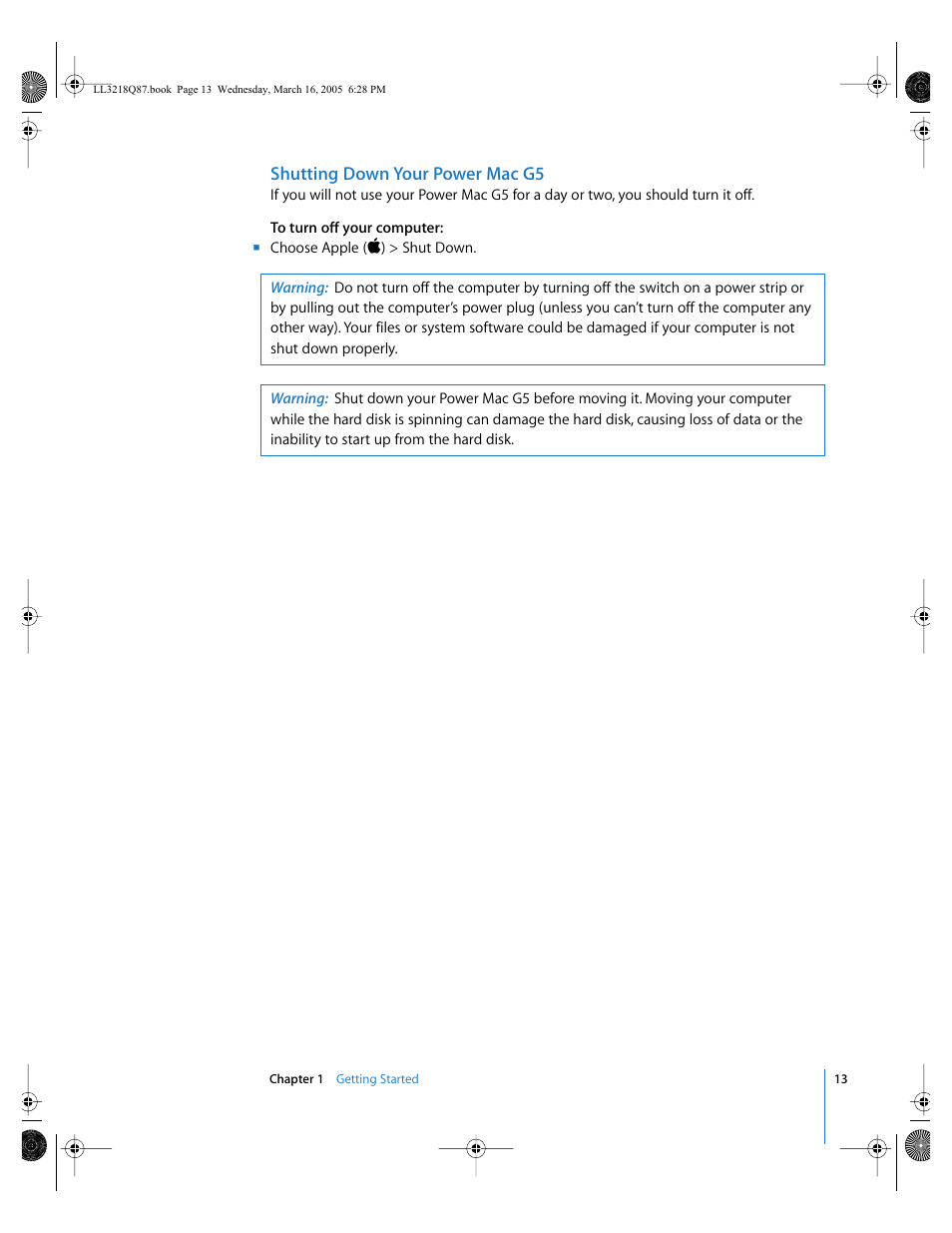 Shutting down your power mac g5 | Apple Power Mac G5 (Early 2005) User Manual | Page 13 / 120