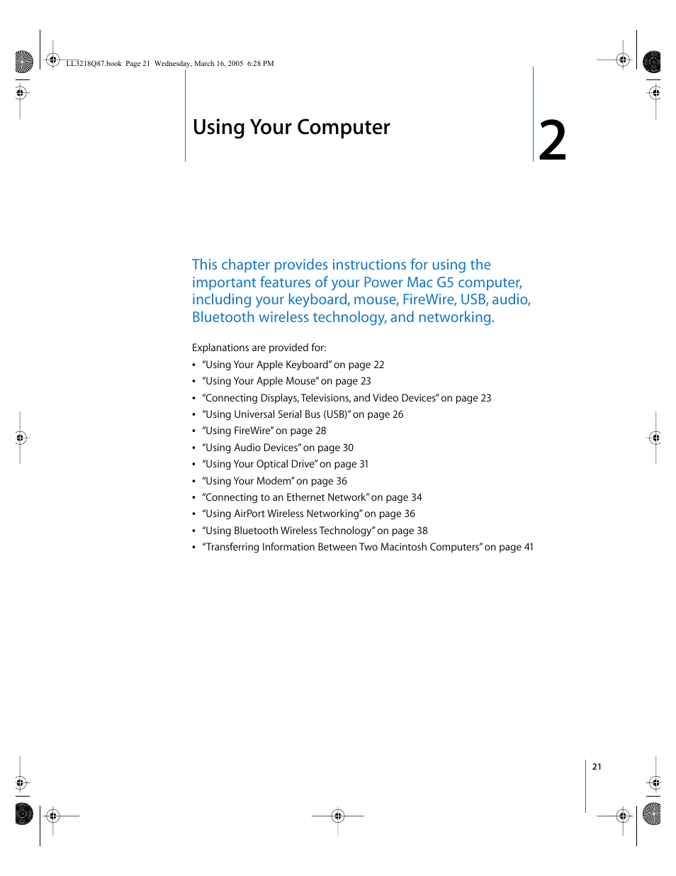 Using your computer, Chapter 2 | Apple Power Mac G5 (Early 2005) User Manual | Page 21 / 120