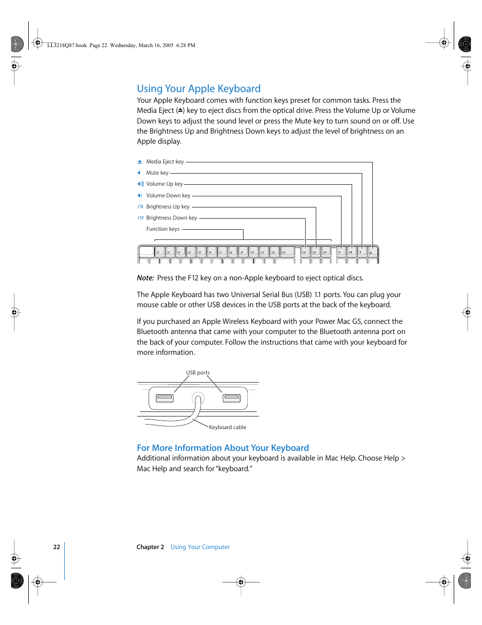 Using your apple keyboard, For more information about your keyboard | Apple Power Mac G5 (Early 2005) User Manual | Page 22 / 120
