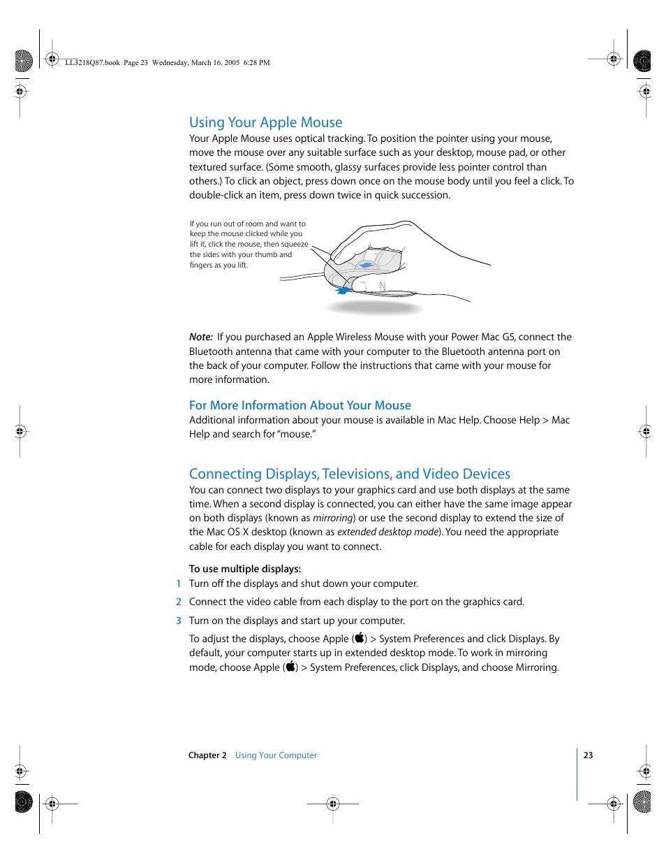 Using your apple mouse, For more information about your mouse | Apple Power Mac G5 (Early 2005) User Manual | Page 23 / 120