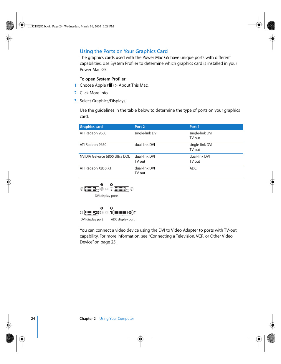 Using the ports on your graphics card | Apple Power Mac G5 (Early 2005) User Manual | Page 24 / 120