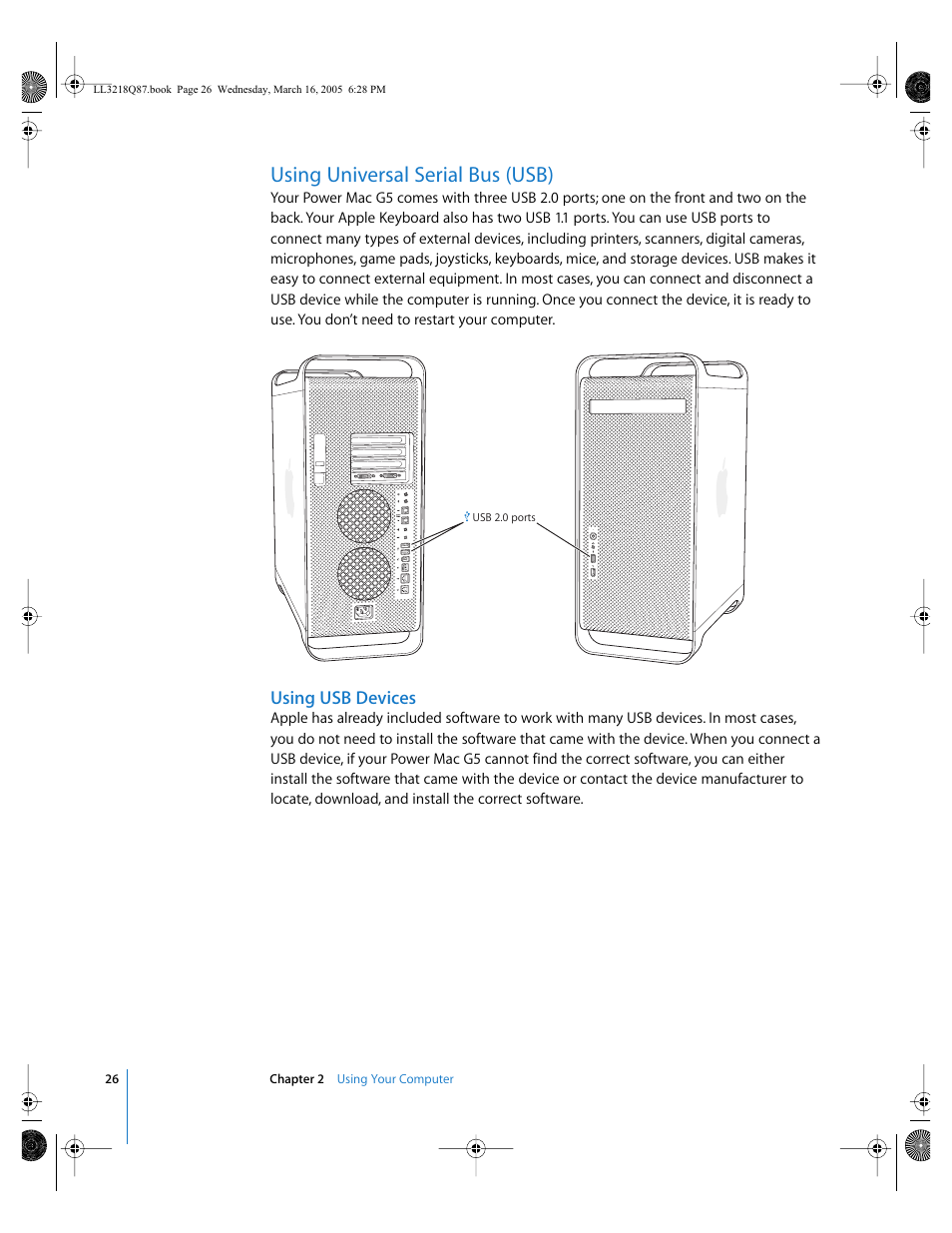 Using universal serial bus (usb), Using usb devices | Apple Power Mac G5 (Early 2005) User Manual | Page 26 / 120