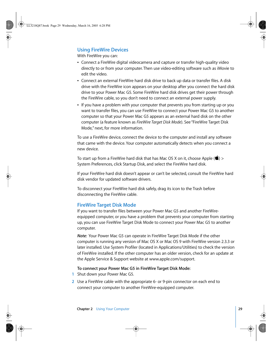 Using firewire devices, Firewire target disk mode | Apple Power Mac G5 (Early 2005) User Manual | Page 29 / 120