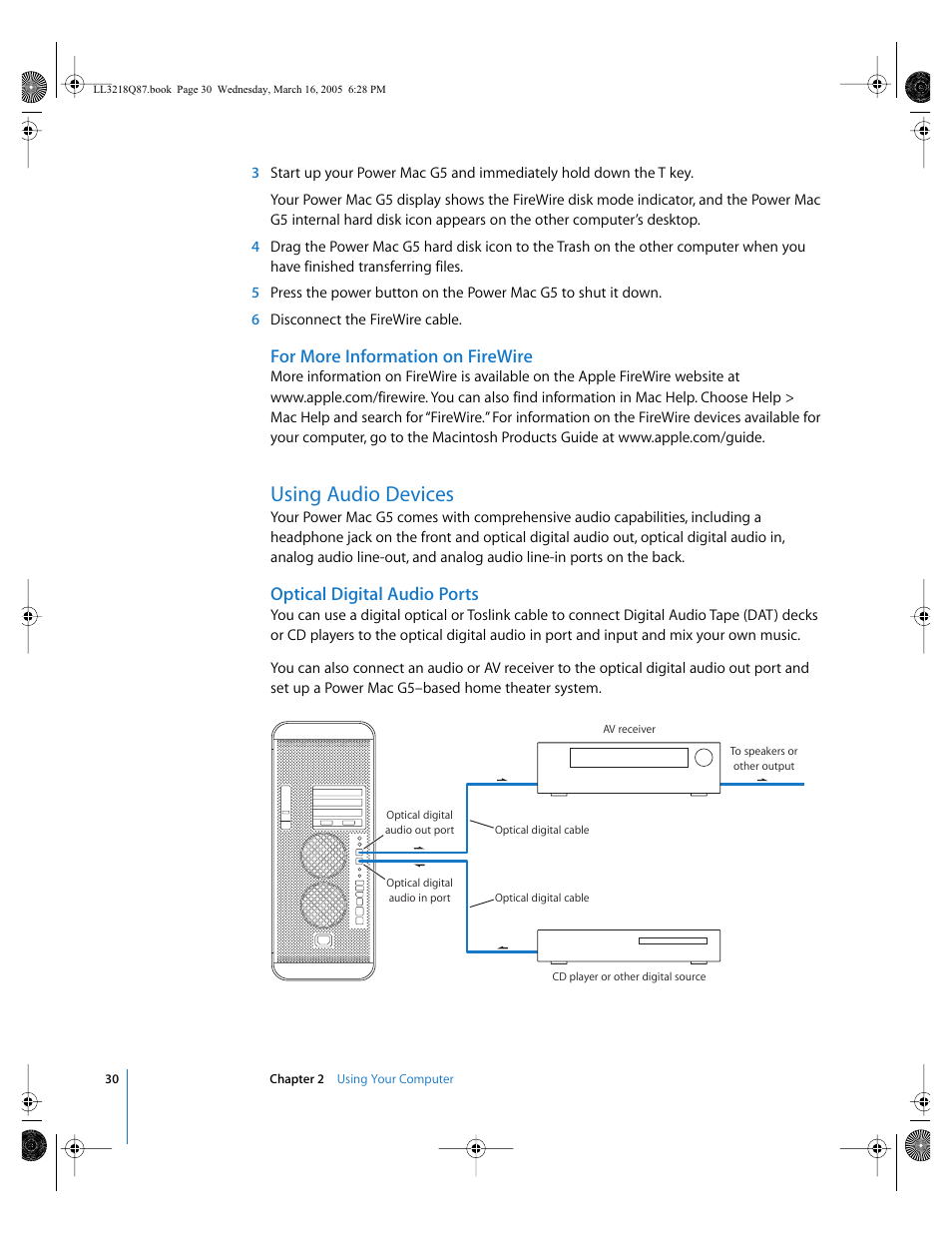 For more information on firewire, Using audio devices, Optical digital audio ports | Apple Power Mac G5 (Early 2005) User Manual | Page 30 / 120
