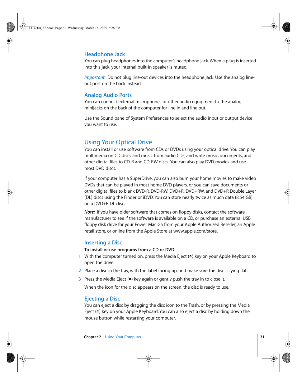 Headphone jack, Analog audio ports, Using your optical drive | Inserting a disc, Ejecting a disc | Apple Power Mac G5 (Early 2005) User Manual | Page 31 / 120
