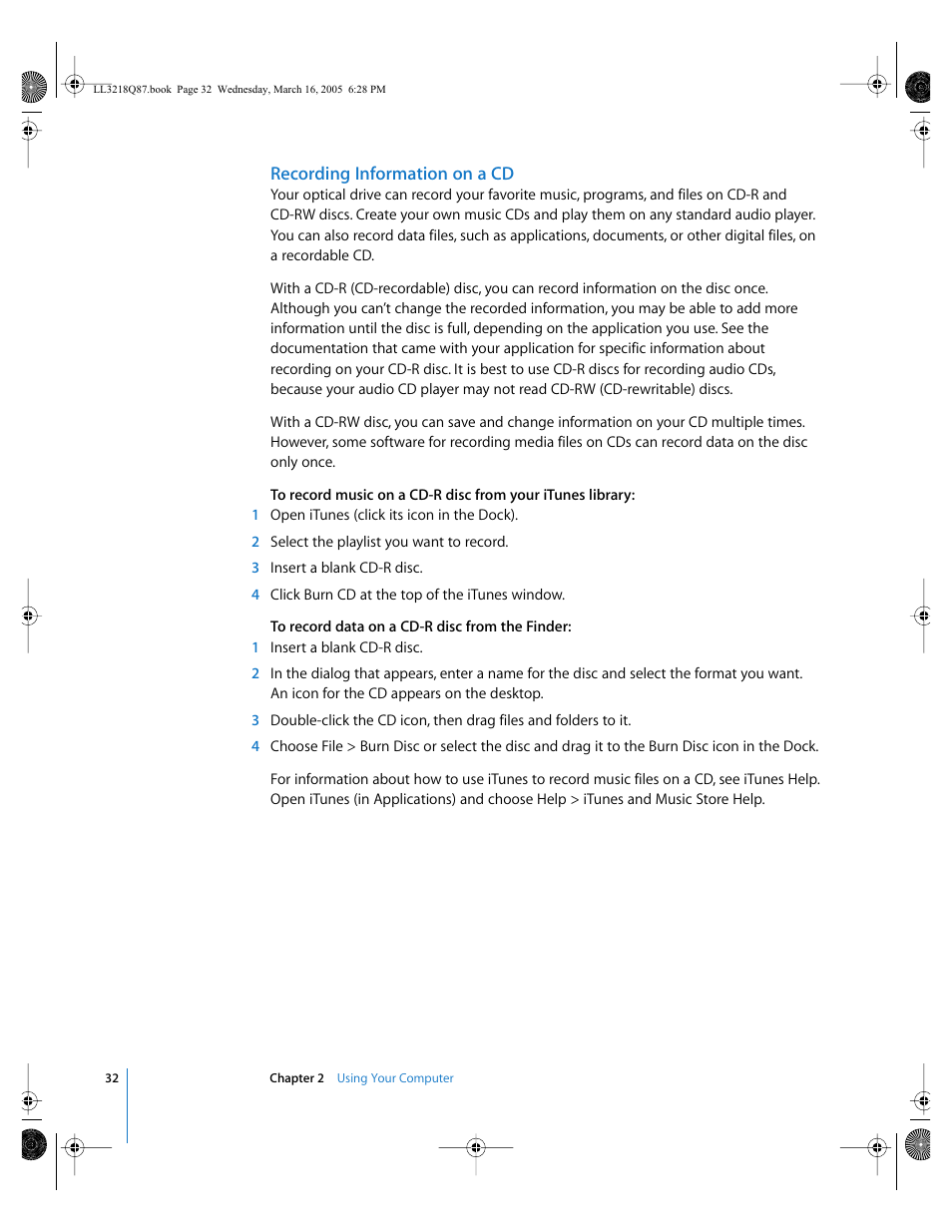 Recording information on a cd | Apple Power Mac G5 (Early 2005) User Manual | Page 32 / 120