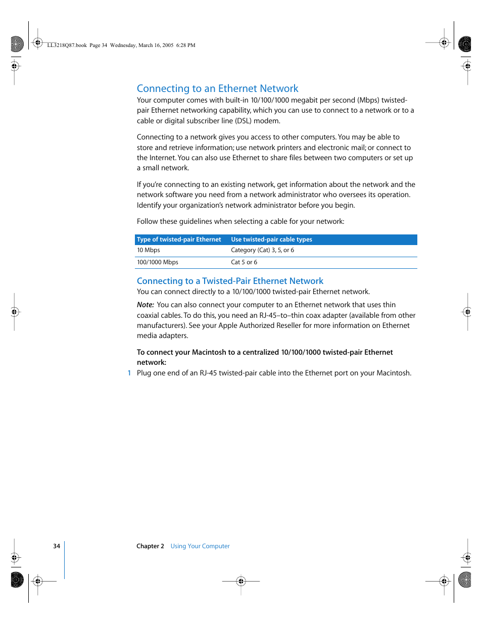 Connecting to an ethernet network, Connecting to a twisted-pair ethernet network | Apple Power Mac G5 (Early 2005) User Manual | Page 34 / 120