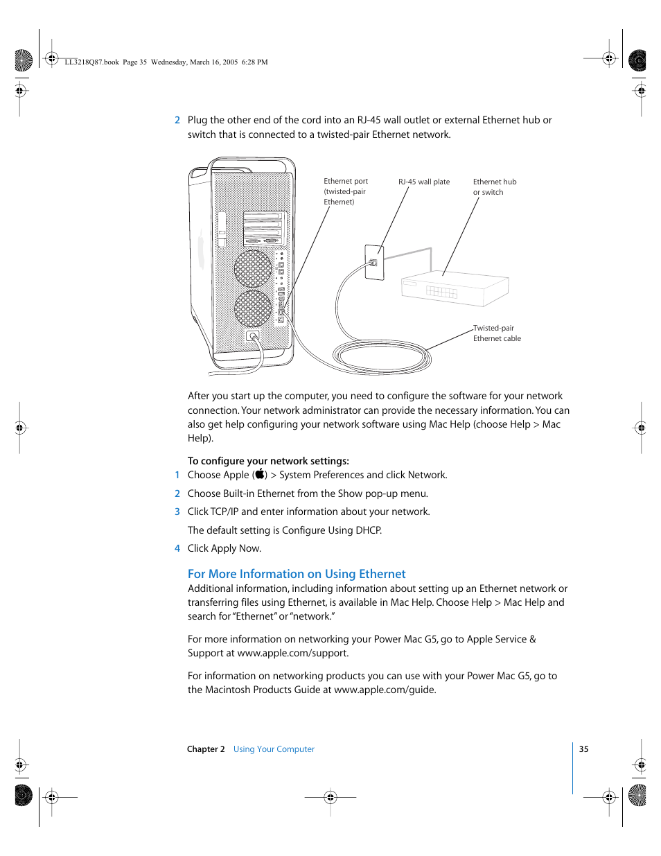 For more information on using ethernet | Apple Power Mac G5 (Early 2005) User Manual | Page 35 / 120
