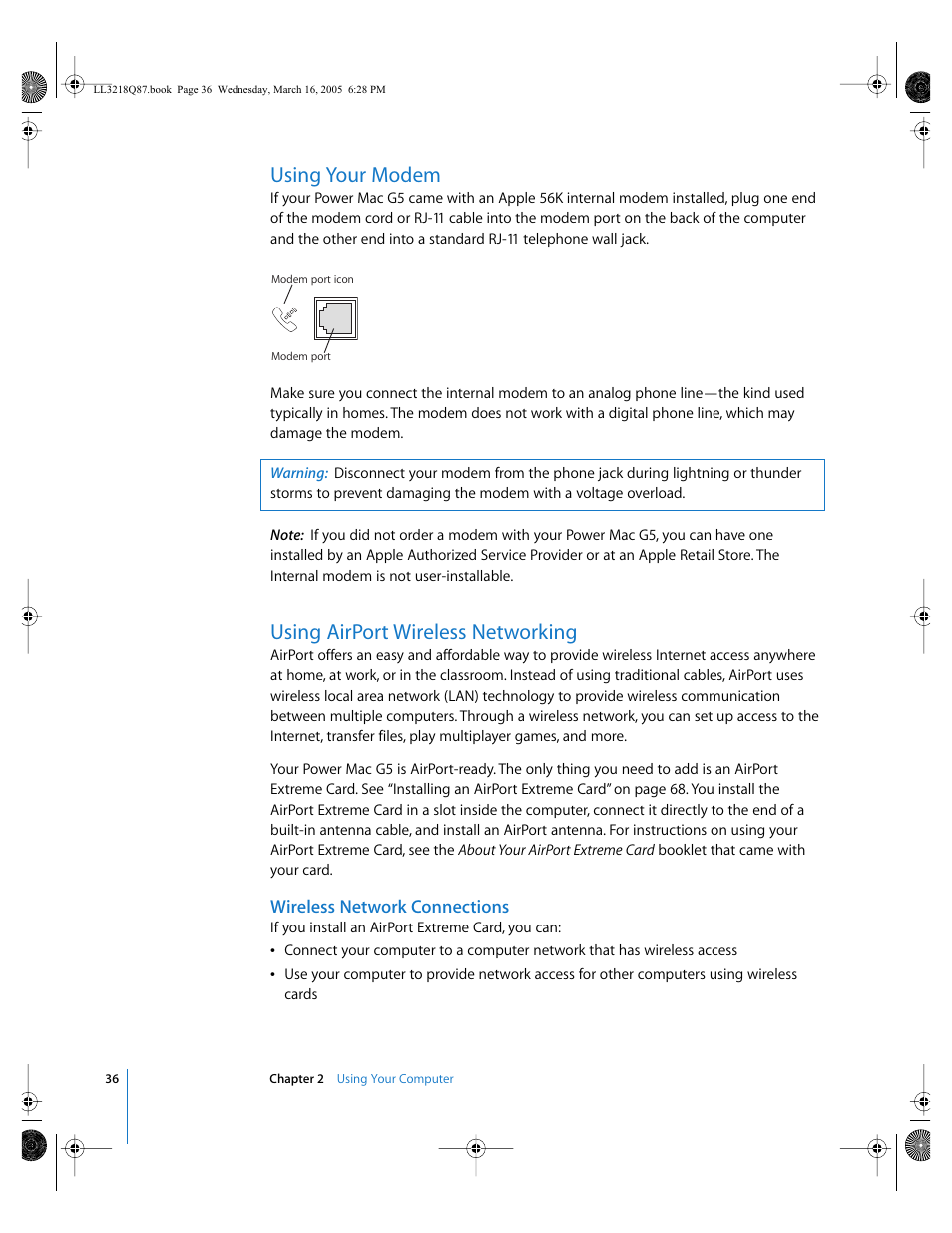 Using your modem, Using airport wireless networking, Wireless network connections | Apple Power Mac G5 (Early 2005) User Manual | Page 36 / 120