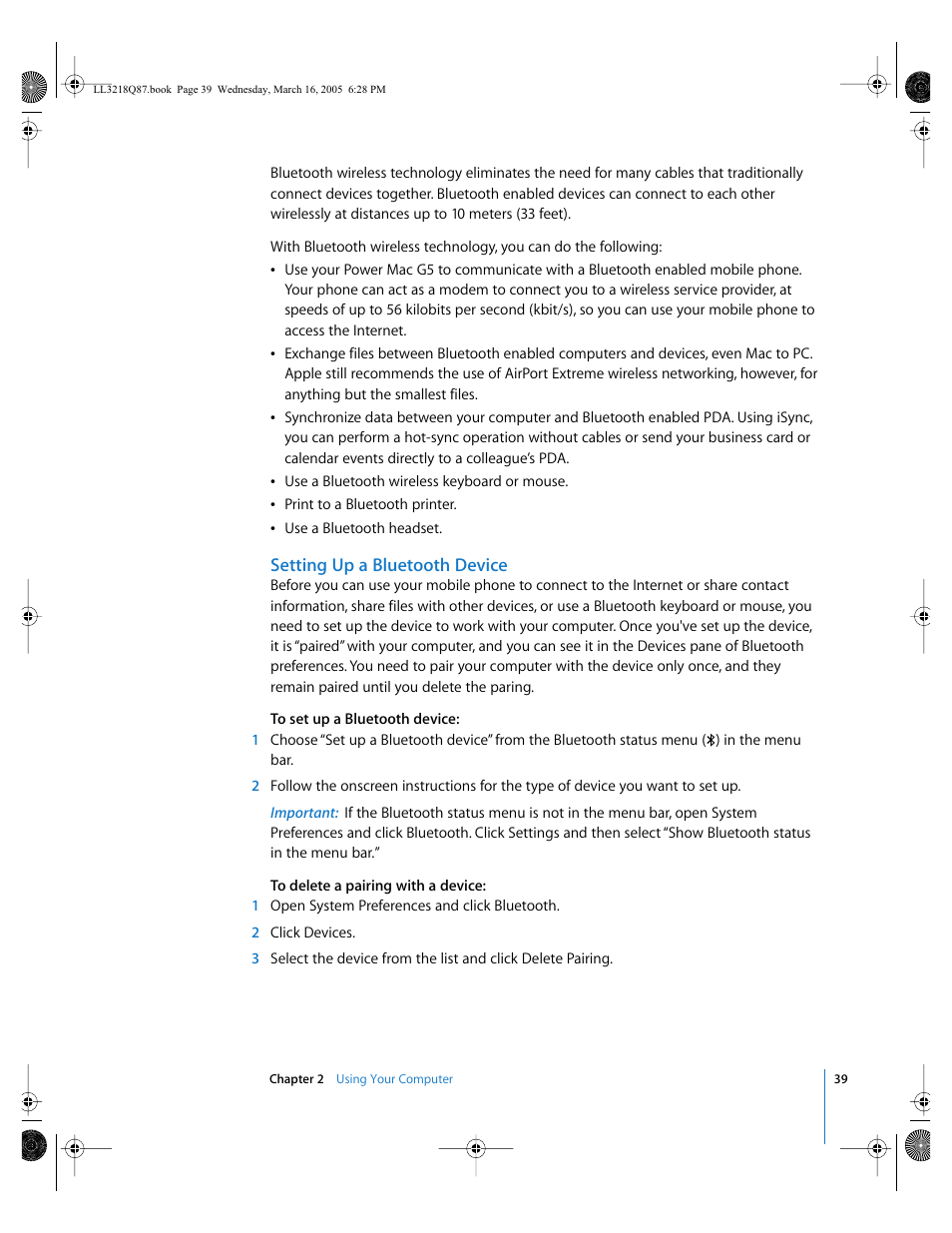 Setting up a bluetooth device | Apple Power Mac G5 (Early 2005) User Manual | Page 39 / 120