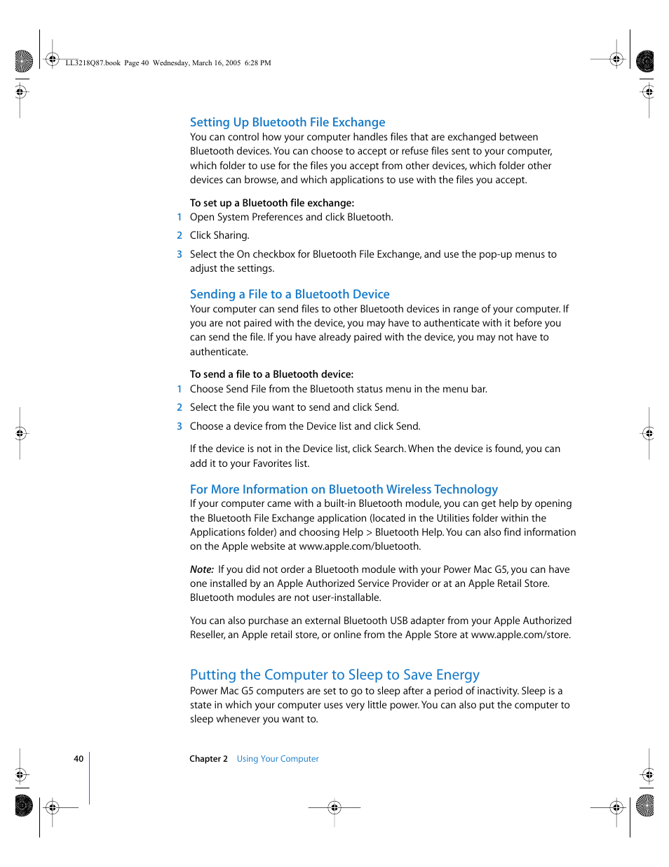 Setting up bluetooth file exchange, Sending a file to a bluetooth device, Putting the computer to sleep to save energy | Apple Power Mac G5 (Early 2005) User Manual | Page 40 / 120