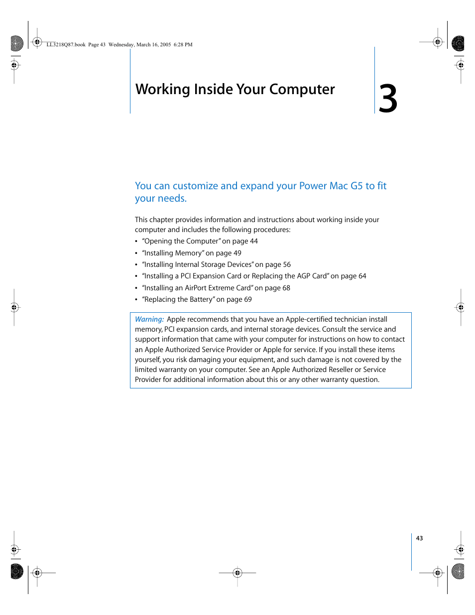 Working inside your computer, Chapter 3 | Apple Power Mac G5 (Early 2005) User Manual | Page 43 / 120