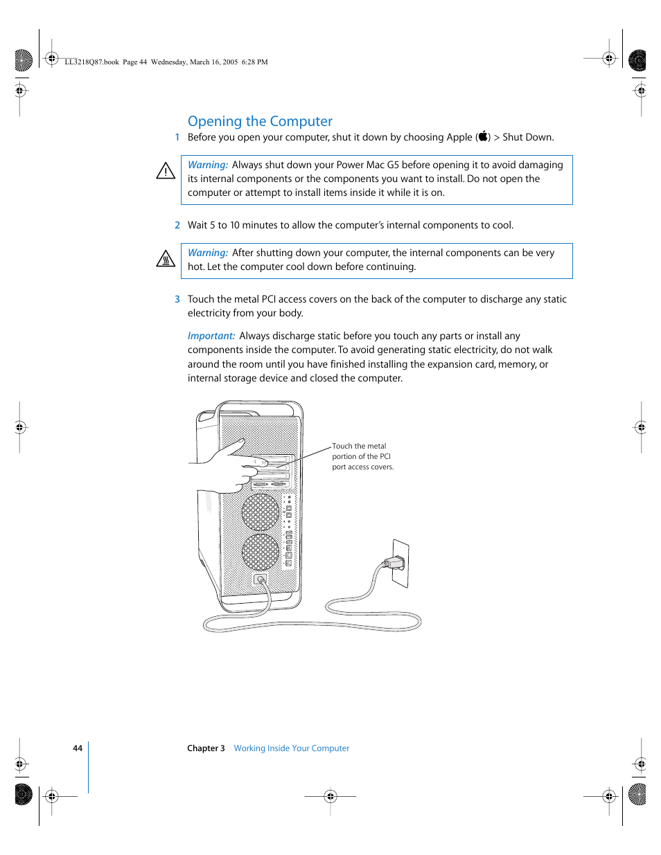 Opening the computer | Apple Power Mac G5 (Early 2005) User Manual | Page 44 / 120