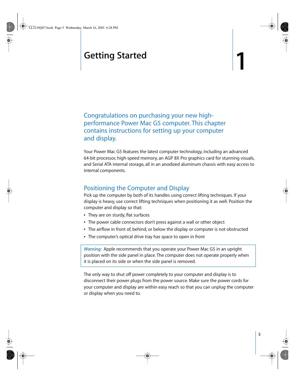Getting started, Positioning the computer and display, Chapter 1 | Apple Power Mac G5 (Early 2005) User Manual | Page 5 / 120