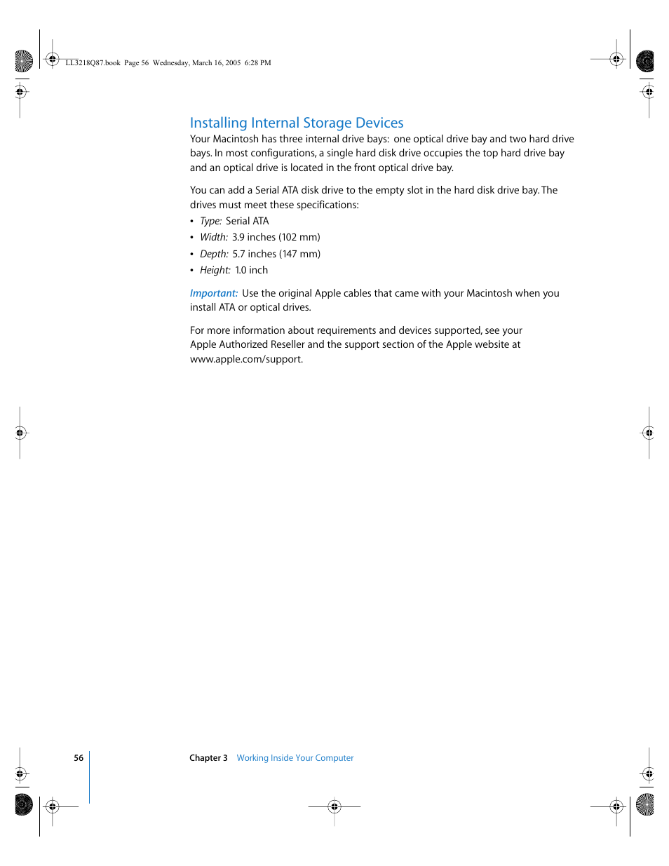 Installing internal storage devices | Apple Power Mac G5 (Early 2005) User Manual | Page 56 / 120
