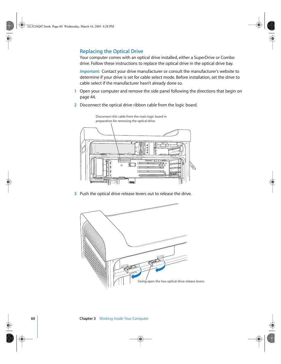 Replacing the optical drive | Apple Power Mac G5 (Early 2005) User Manual | Page 60 / 120