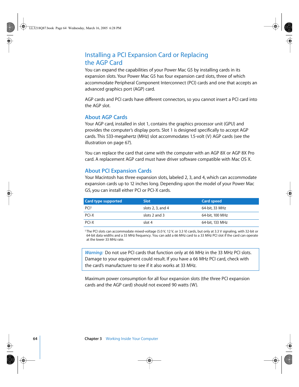 About agp cards, About pci expansion cards | Apple Power Mac G5 (Early 2005) User Manual | Page 64 / 120