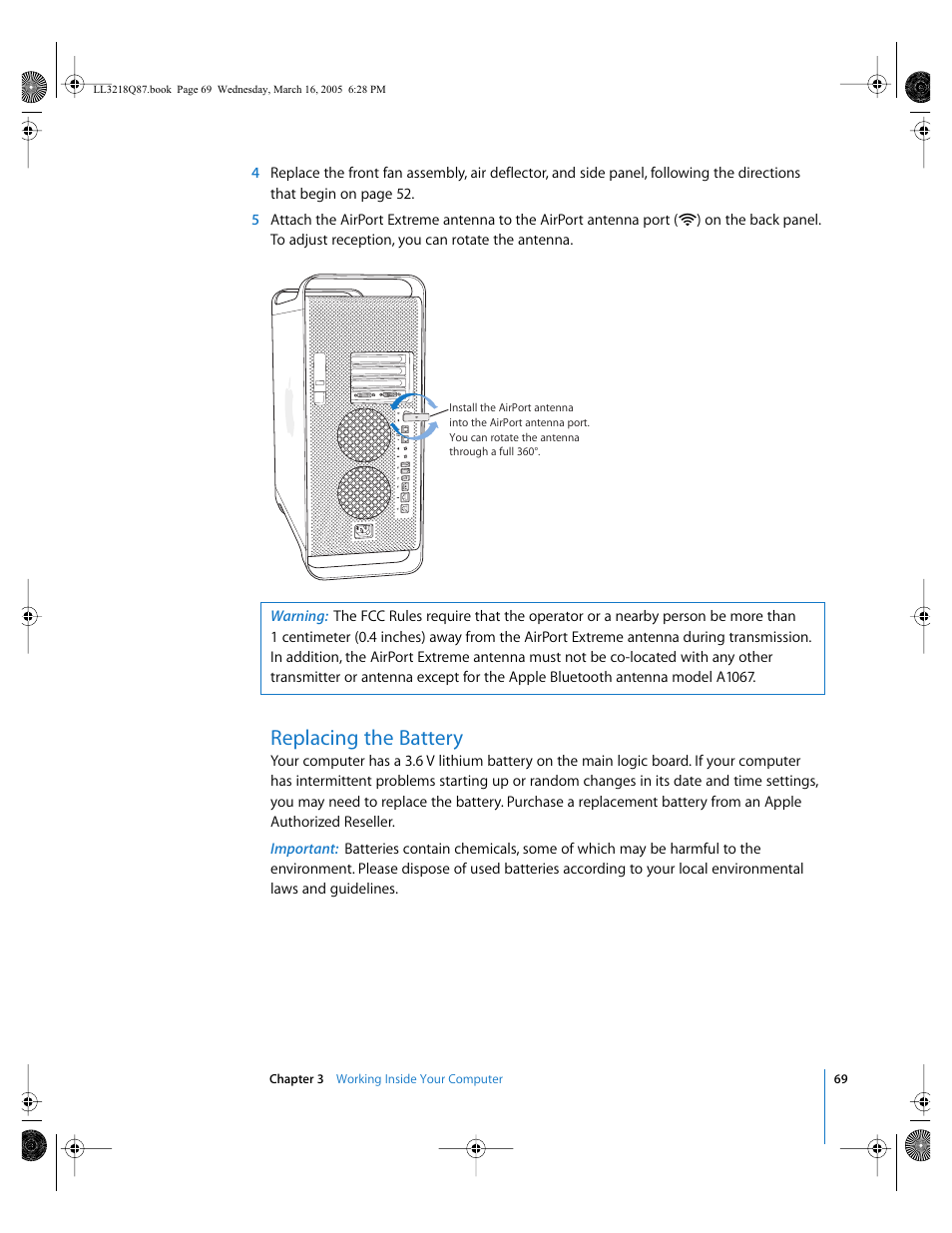 Replacing the battery | Apple Power Mac G5 (Early 2005) User Manual | Page 69 / 120