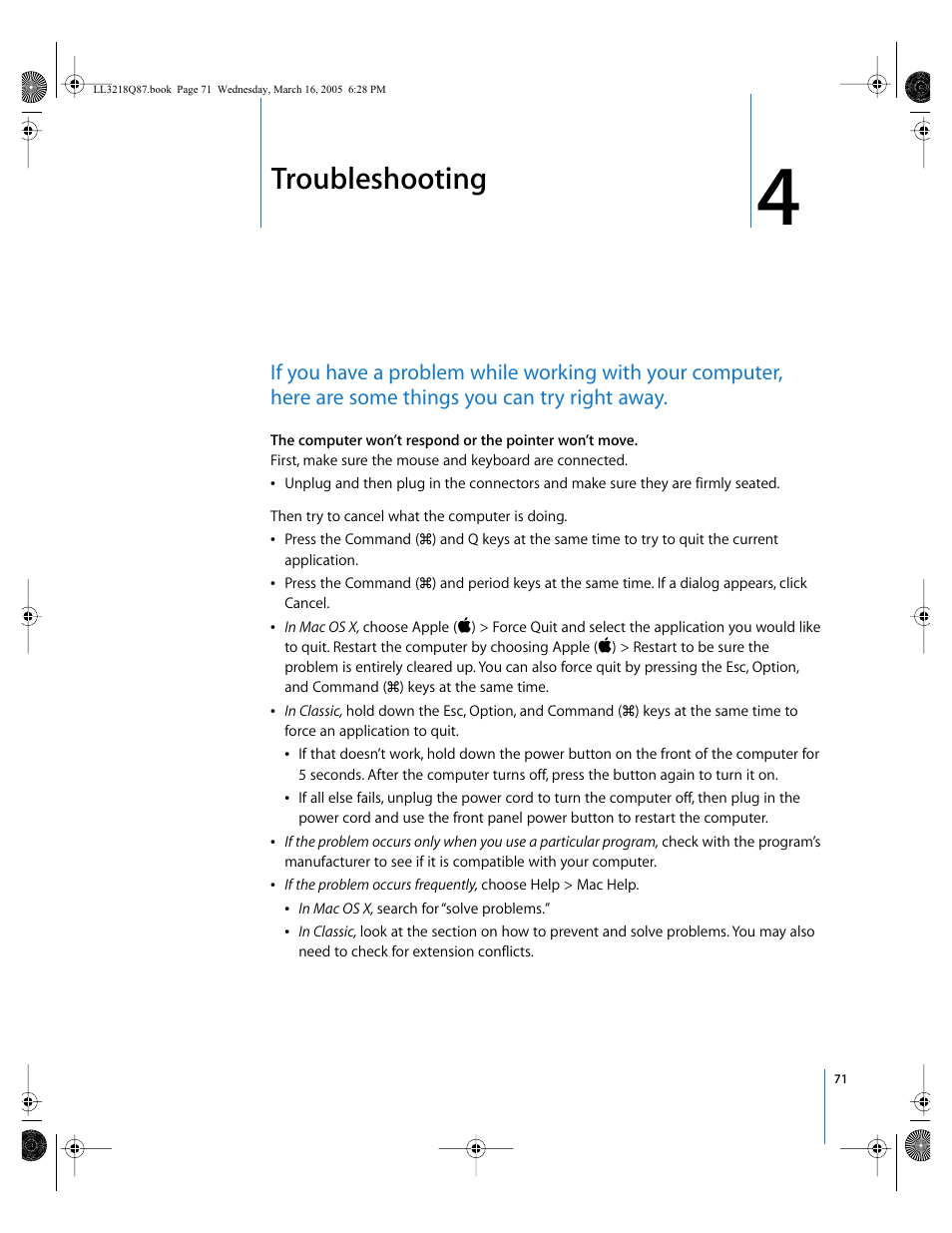Troubleshooting, Chapter 4 | Apple Power Mac G5 (Early 2005) User Manual | Page 71 / 120