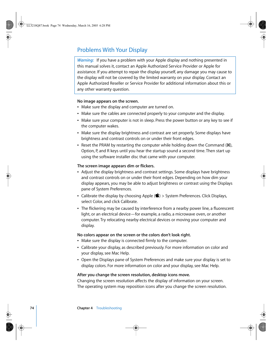 Problems with your display | Apple Power Mac G5 (Early 2005) User Manual | Page 74 / 120