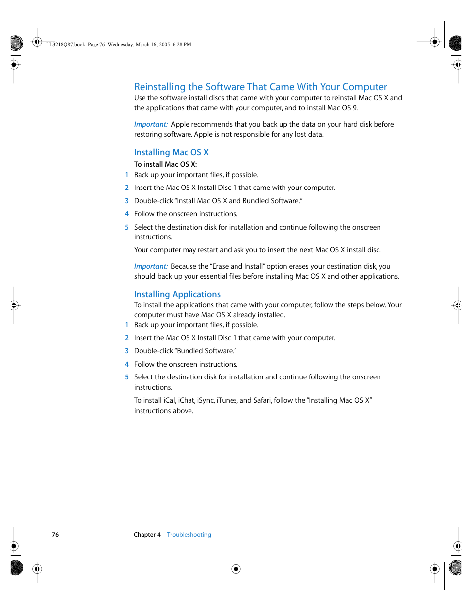 Installing mac os x, Installing applications | Apple Power Mac G5 (Early 2005) User Manual | Page 76 / 120