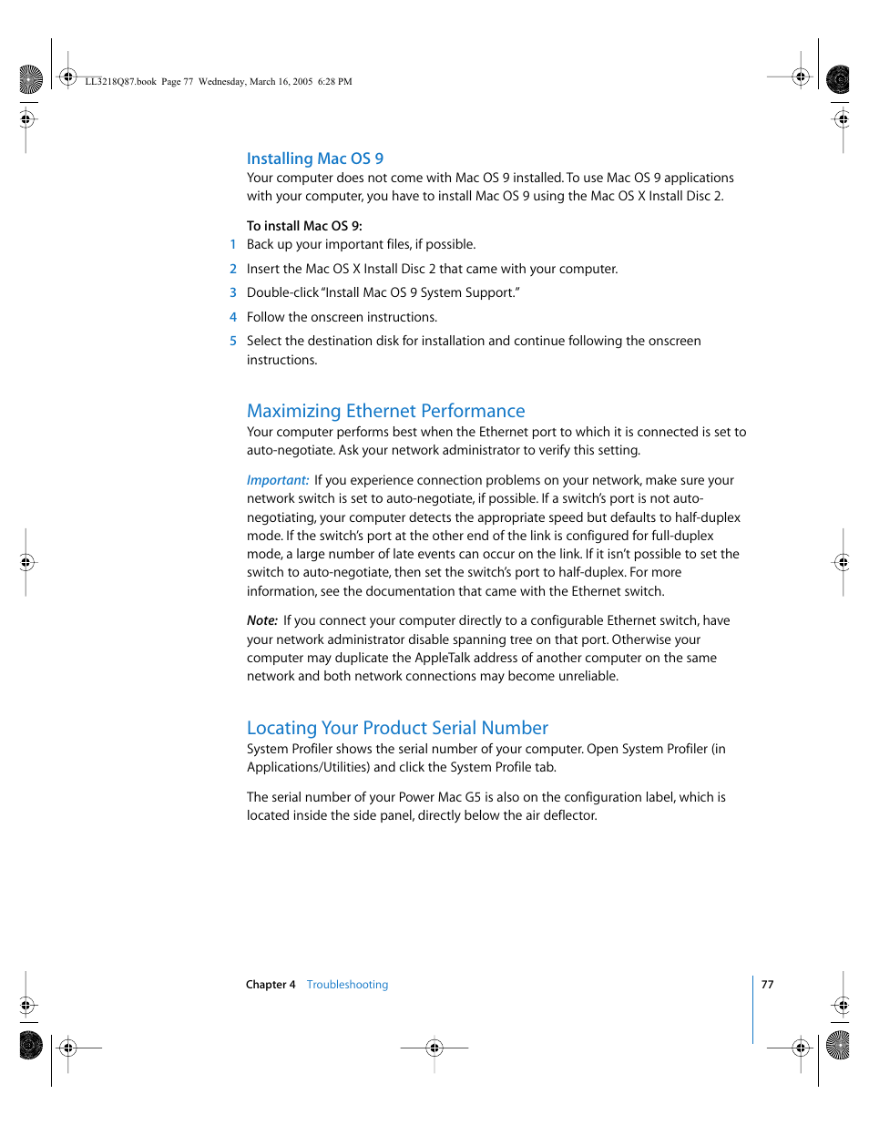 Installing mac os 9, Maximizing ethernet performance, Locating your product serial number | Apple Power Mac G5 (Early 2005) User Manual | Page 77 / 120