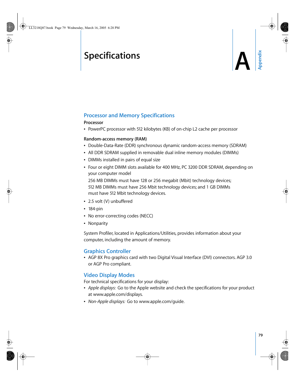 Specifications, Processor and memory specifications, Graphics controller | Video display modes, Appendix a | Apple Power Mac G5 (Early 2005) User Manual | Page 79 / 120