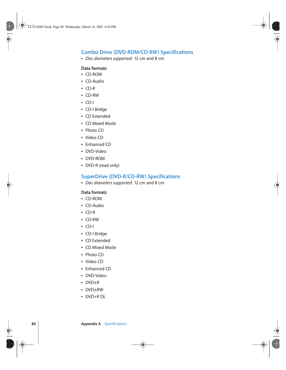 Combo drive (dvd-rom/cd-rw) specifications, Superdrive (dvd-r/cd-rw) specifications | Apple Power Mac G5 (Early 2005) User Manual | Page 80 / 120