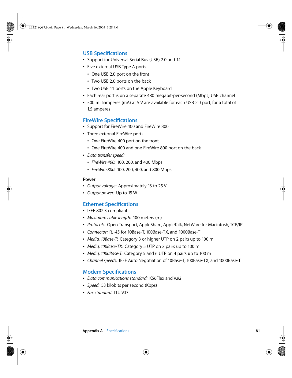 Usb specifications, Firewire specifications, Ethernet specifications | Modem specifications | Apple Power Mac G5 (Early 2005) User Manual | Page 81 / 120