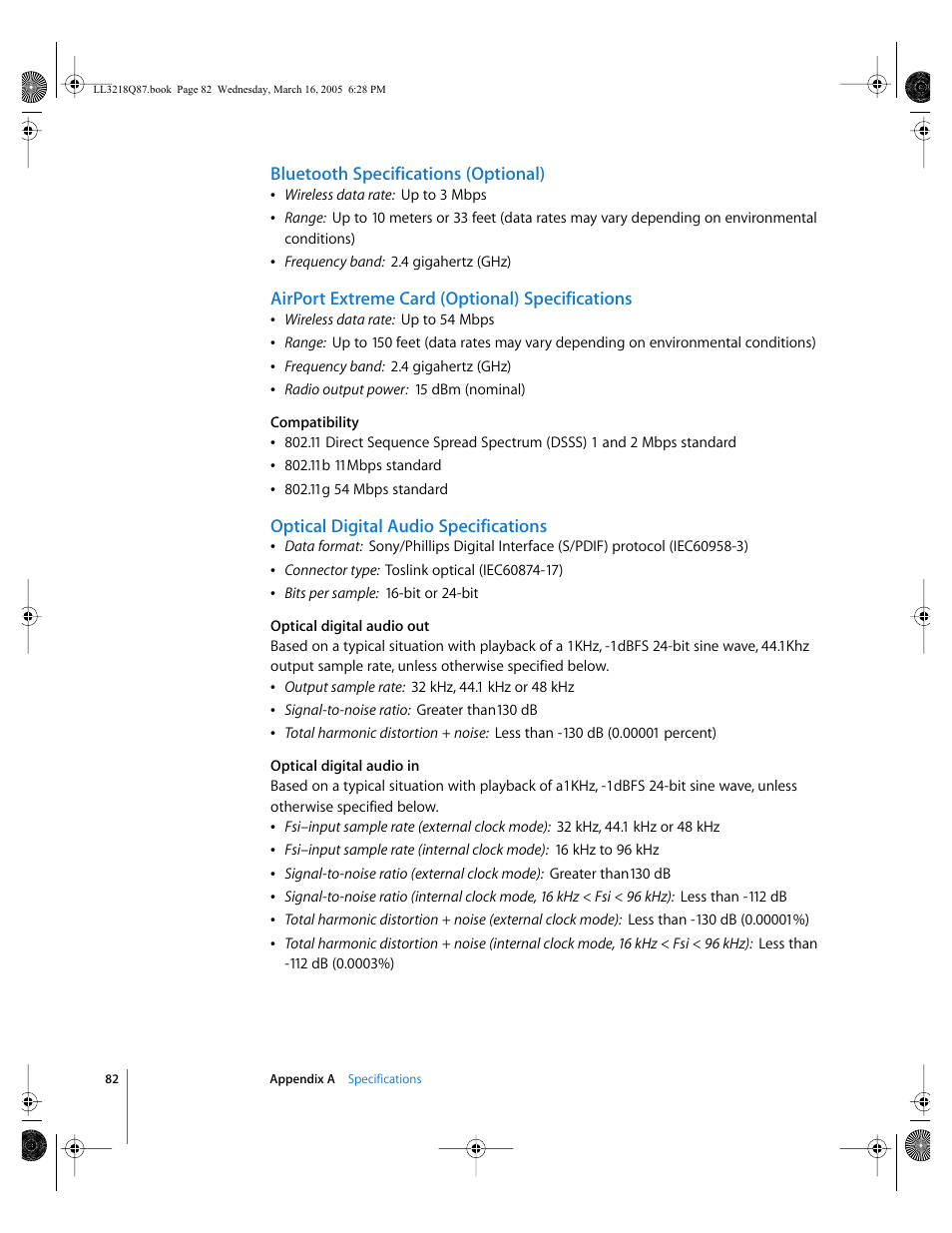 Bluetooth specifications (optional), Airport extreme card (optional) specifications, Optical digital audio specifications | Apple Power Mac G5 (Early 2005) User Manual | Page 82 / 120