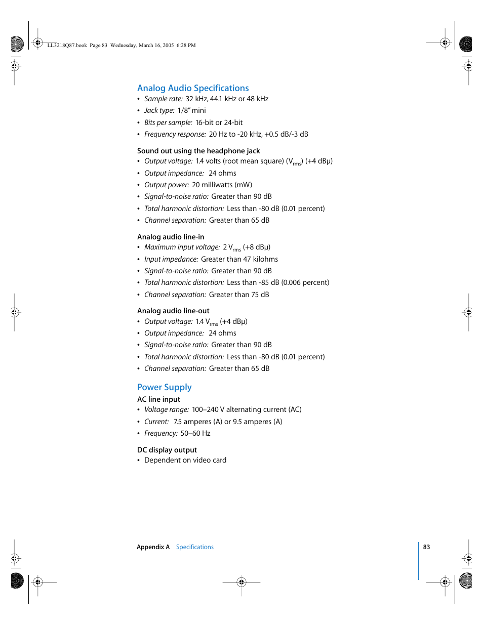 Analog audio specifications, Power supply | Apple Power Mac G5 (Early 2005) User Manual | Page 83 / 120