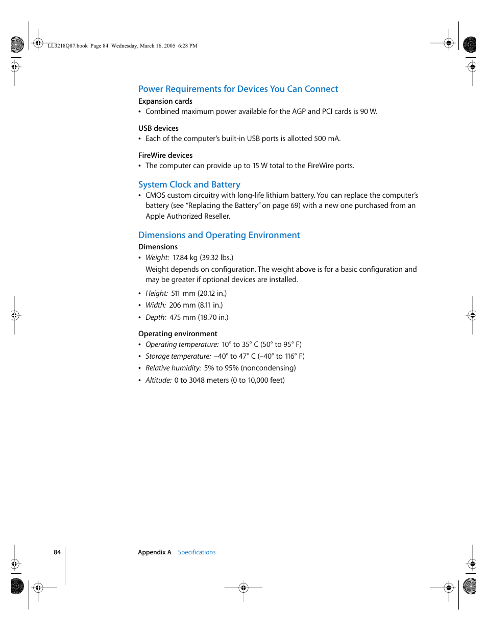 Power requirements for devices you can connect, System clock and battery, Dimensions and operating environment | Apple Power Mac G5 (Early 2005) User Manual | Page 84 / 120