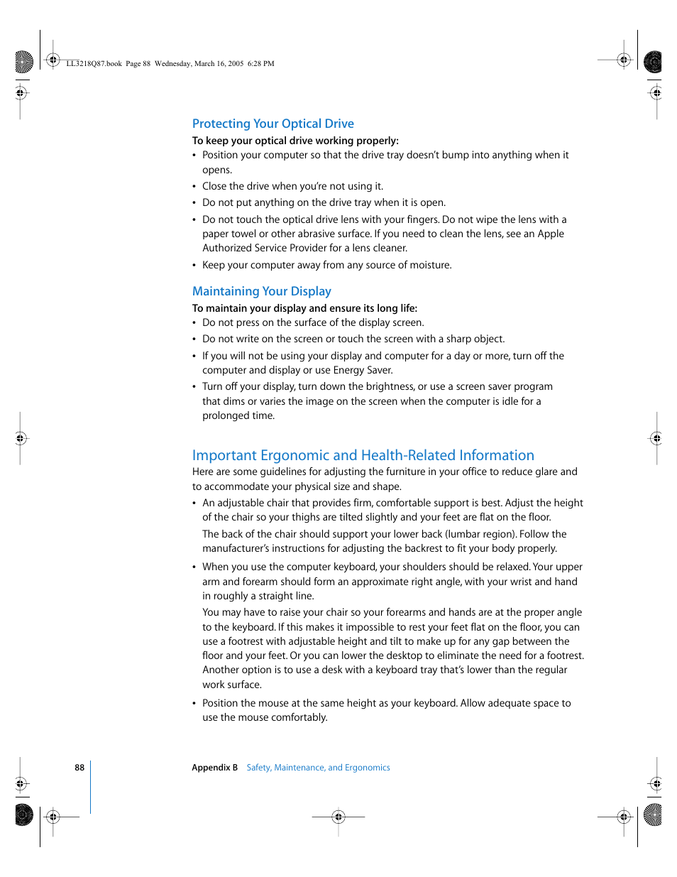 Protecting your optical drive, Maintaining your display, Important ergonomic and health-related information | Apple Power Mac G5 (Early 2005) User Manual | Page 88 / 120