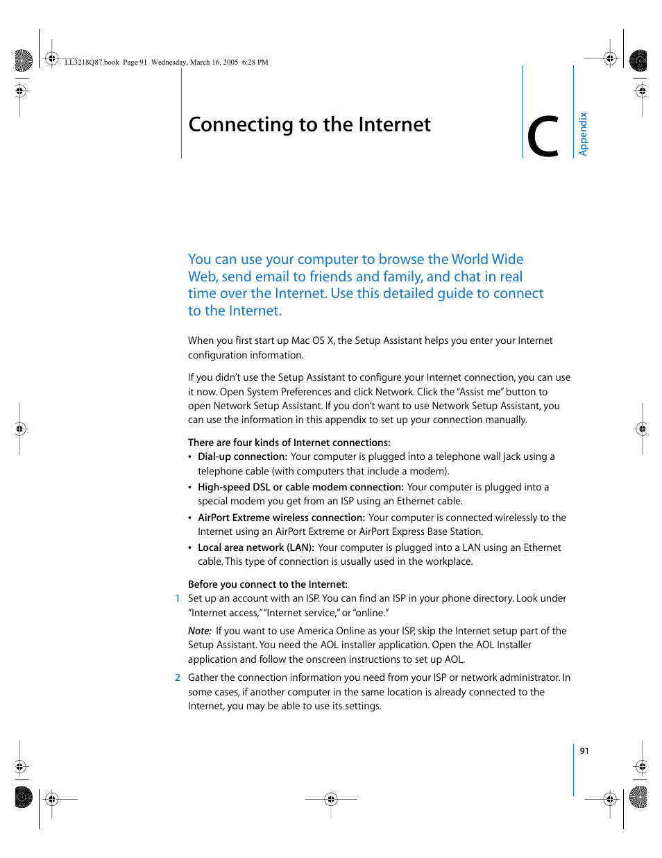 Connecting to the internet, Appendix c | Apple Power Mac G5 (Early 2005) User Manual | Page 91 / 120