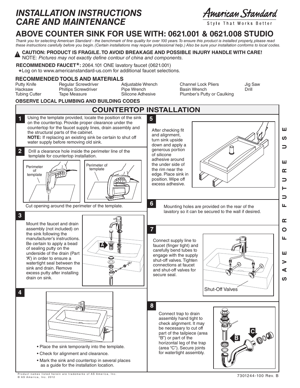 American Standard STUDIO 621.001 User Manual | 2 pages