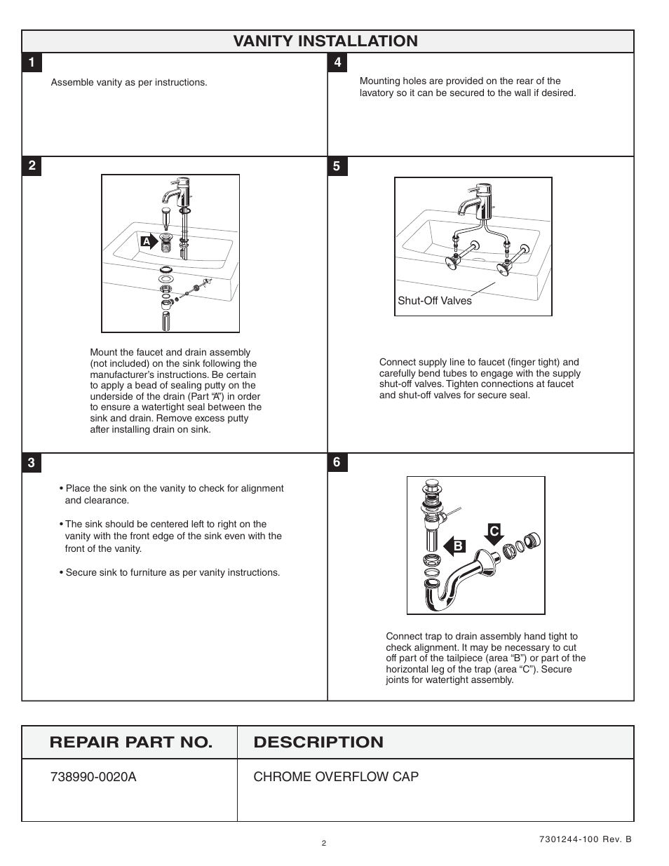 Vanity installation, Repair part no. description | American Standard STUDIO 621.001 User Manual | Page 2 / 2