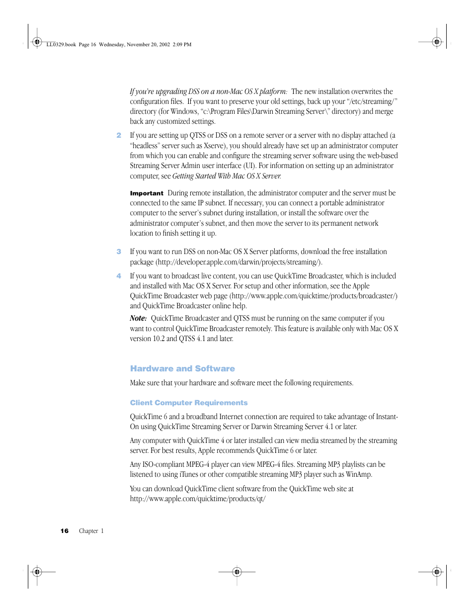 Hardware and software, Client computer requirements, Hardware and software 16 | Client computer requirements 16 | Apple QuickTime (Darwin) Streaming Server User Manual | Page 16 / 86
