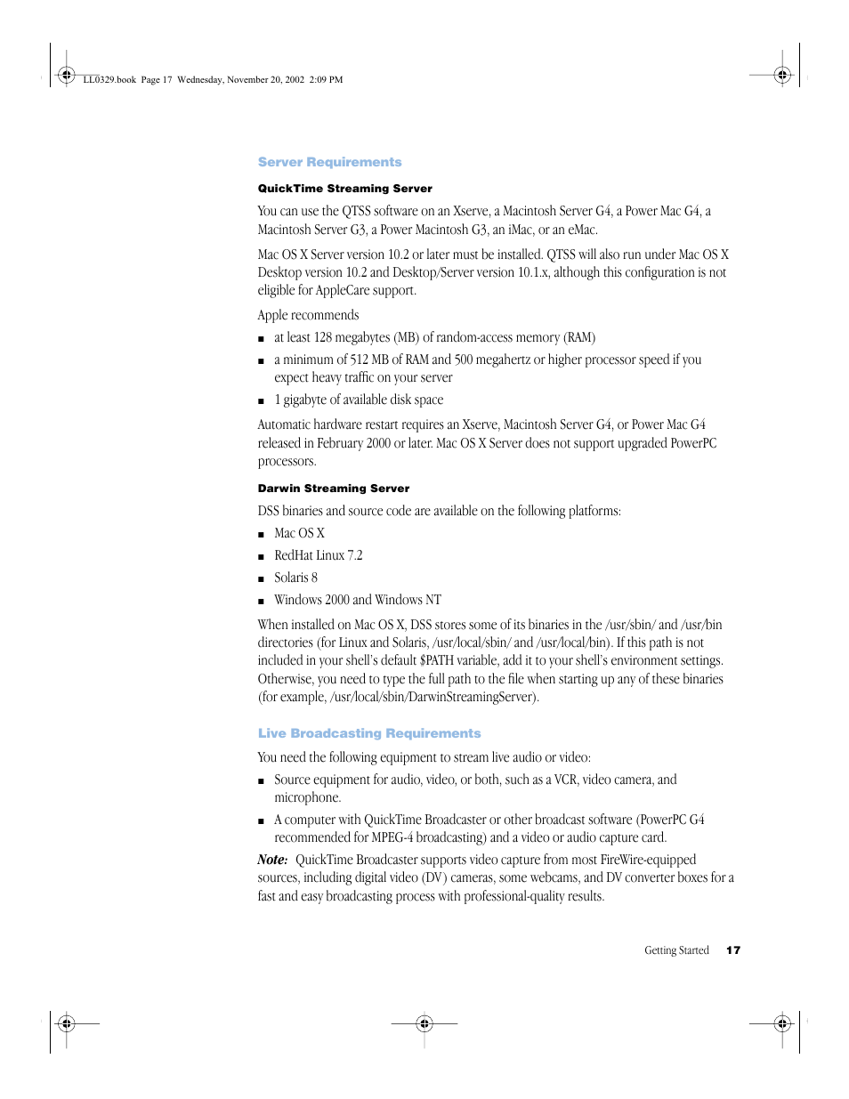 Server requirements, Live broadcasting requirements, Server requirements 17 | Live broadcasting requirements 17 | Apple QuickTime (Darwin) Streaming Server User Manual | Page 17 / 86