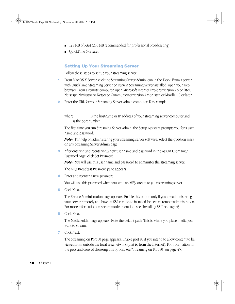 Setting up your streaming server, Setting up your streaming server 18 | Apple QuickTime (Darwin) Streaming Server User Manual | Page 18 / 86