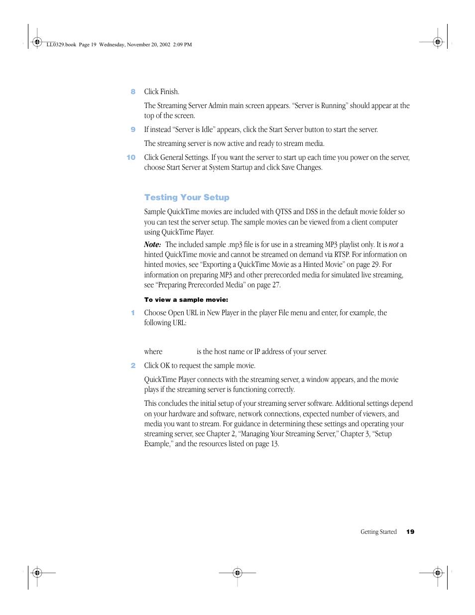 Testing your setup, Testing your setup 19 | Apple QuickTime (Darwin) Streaming Server User Manual | Page 19 / 86