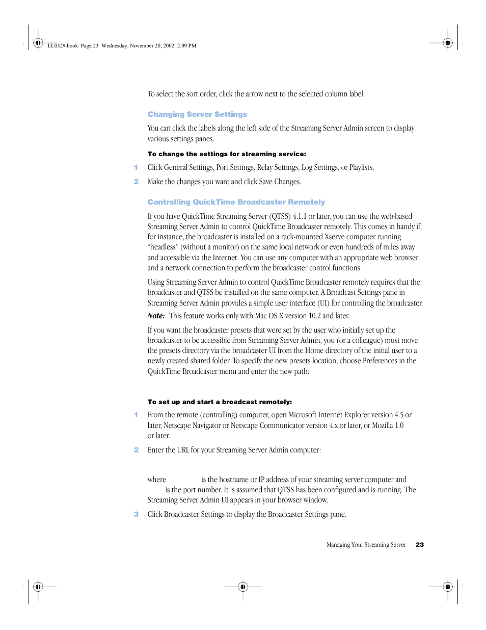 Changing server settings, Controlling quicktime broadcaster remotely, Changing server settings 23 | Controlling quicktime broadcaster remotely 23 | Apple QuickTime (Darwin) Streaming Server User Manual | Page 23 / 86