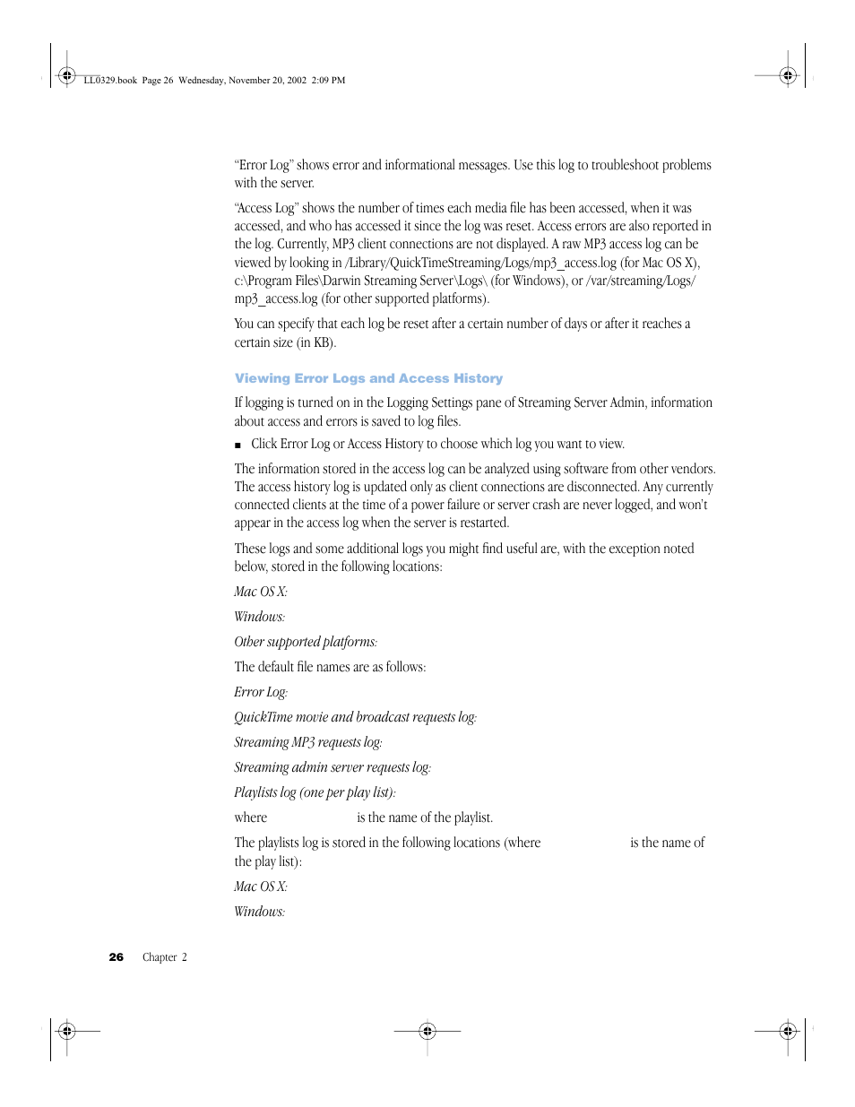 Viewing error logs and access history, Viewing error logs and access history 26 | Apple QuickTime (Darwin) Streaming Server User Manual | Page 26 / 86