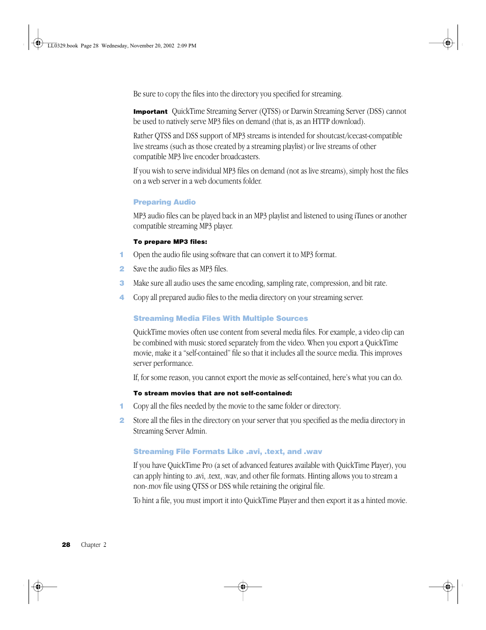 Preparing audio, Streaming media files with multiple sources, Streaming file formats like .avi, .text, and .wav | Preparing audio 28, Streaming media files with multiple sources 28 | Apple QuickTime (Darwin) Streaming Server User Manual | Page 28 / 86